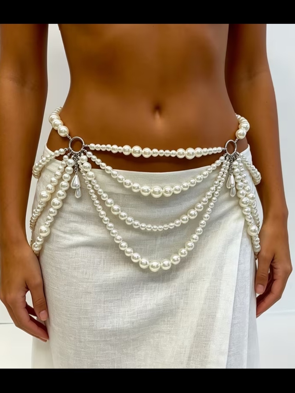 Pearl Draped Waist Chain Belt - Women's White Pearl Body Jewelry